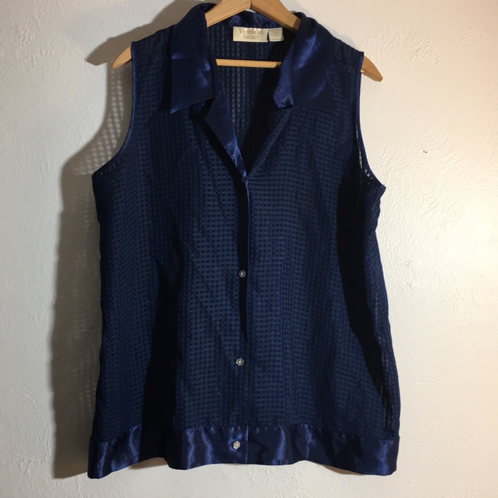 Vintage Victoria’s Secret navy gingham sheer collared sleeveless shirt L